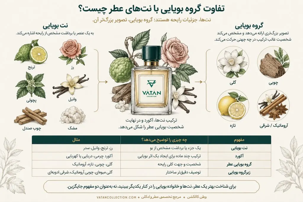 تفاوت نتهای عطر با گروه بویایی و نقش نتها، آکورد و خانواده بویایی در شکلگیری شخصیت رایحه